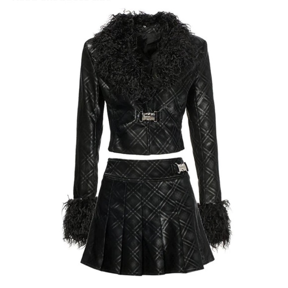 jyosei Dresses & Skirts - Black Quilted Jacket and Skirt Set with Faux Fur Trim